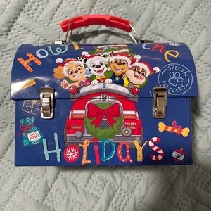 Paw Patrol Blue Holiday Round Top Tin Carry-All Lunch Box 7x6x4 Inch New